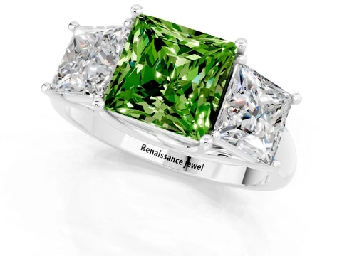 White gold Three-Stone Princess Cut Peridot Engagement Ring with Prong Setting_1