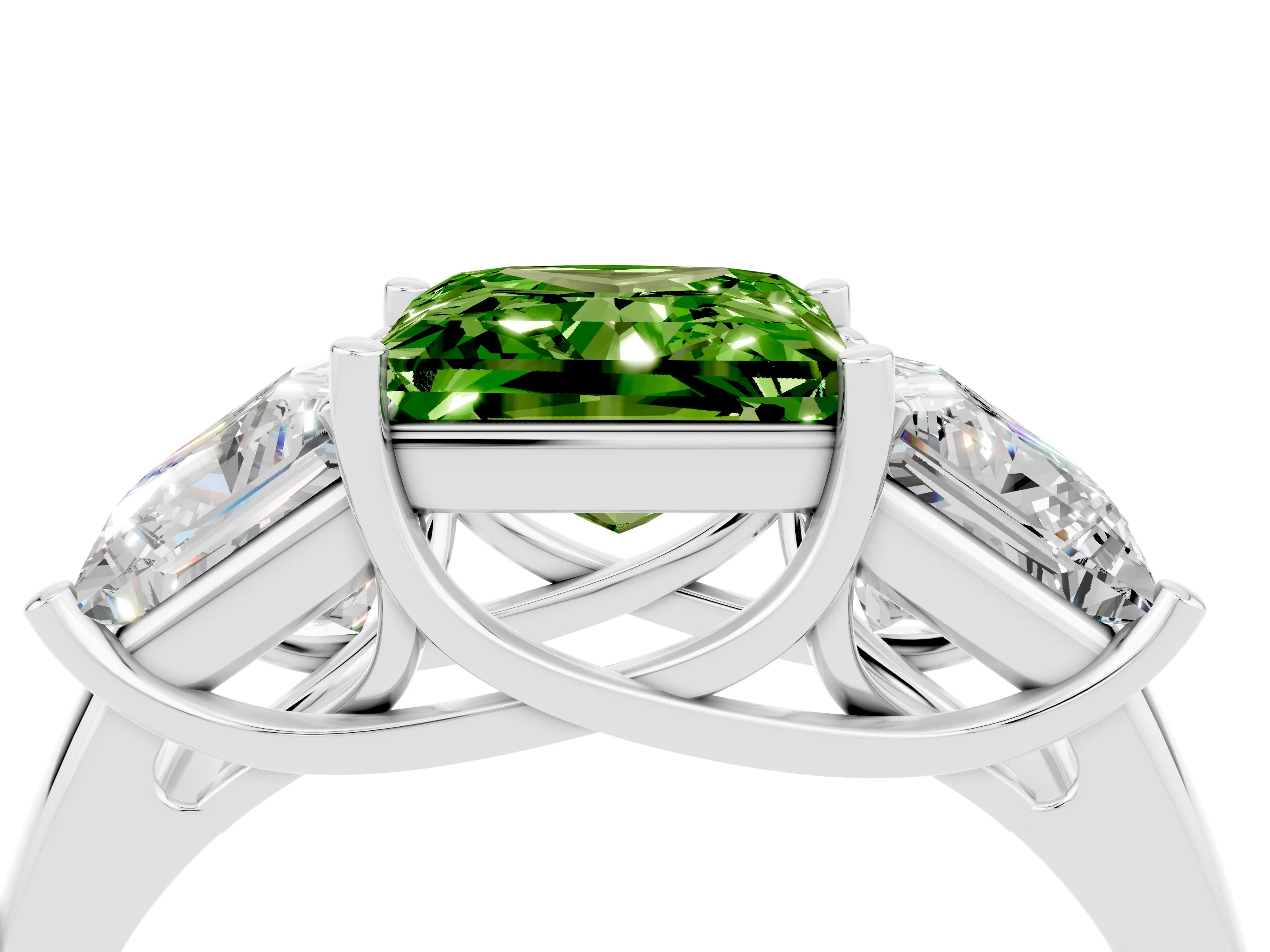 White gold Three-Stone Princess Cut Peridot Engagement Ring with Prong Setting_4