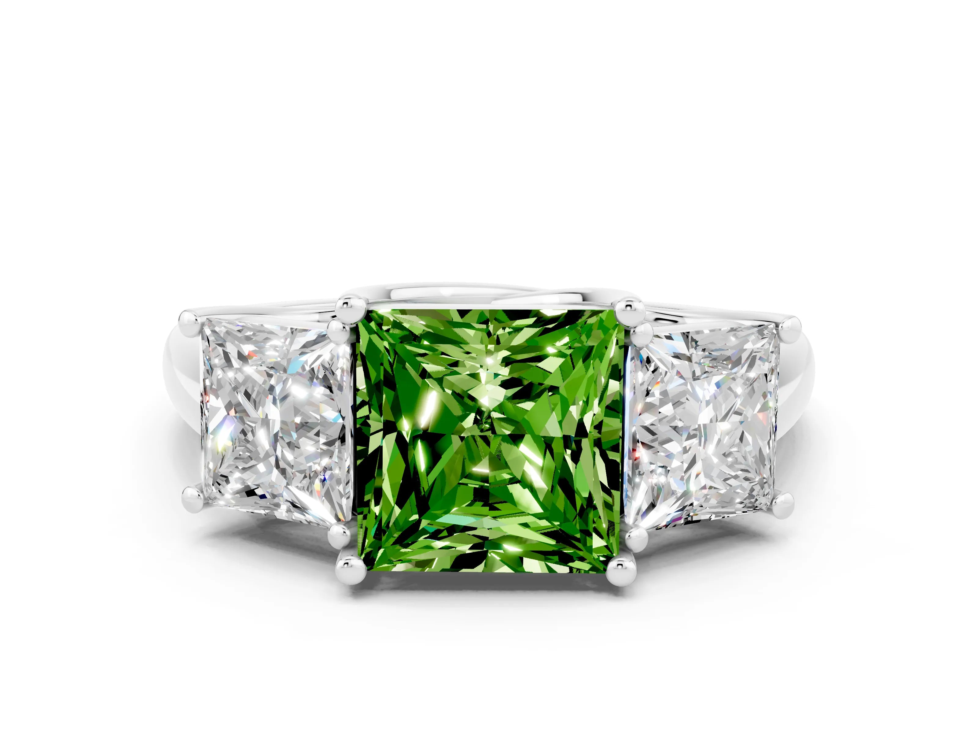 White gold Three-Stone Princess Cut Peridot Engagement Ring with Prong Setting