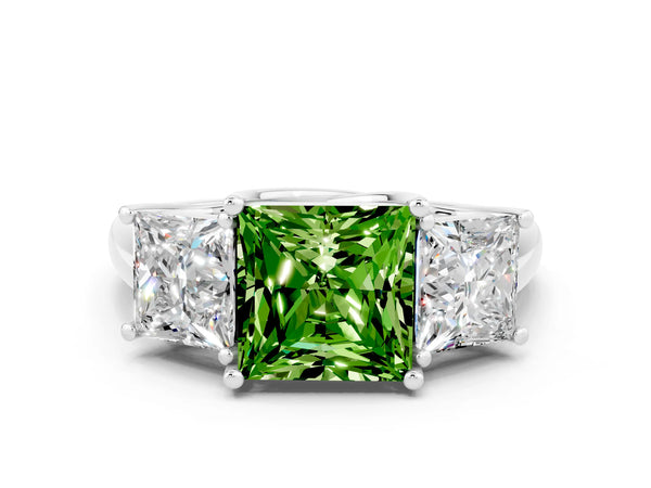 Silver Three-Stone Princess Cut Peridot Engagement Ring with Prong Setting