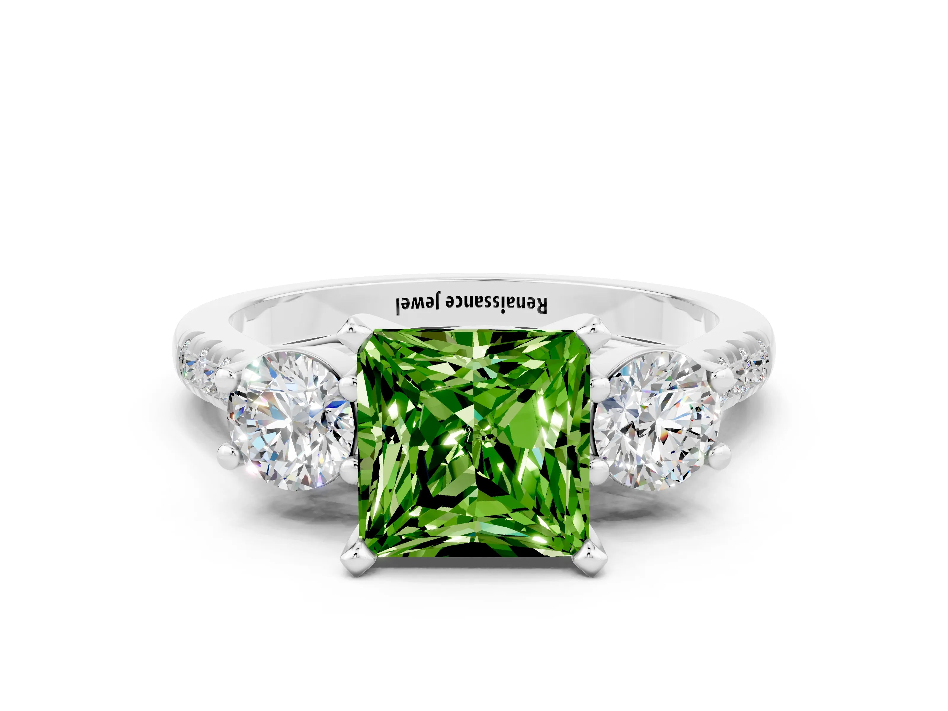 White gold Three-Stone Princess Cut Peridot Pavé Band with Four-Prong Setting
