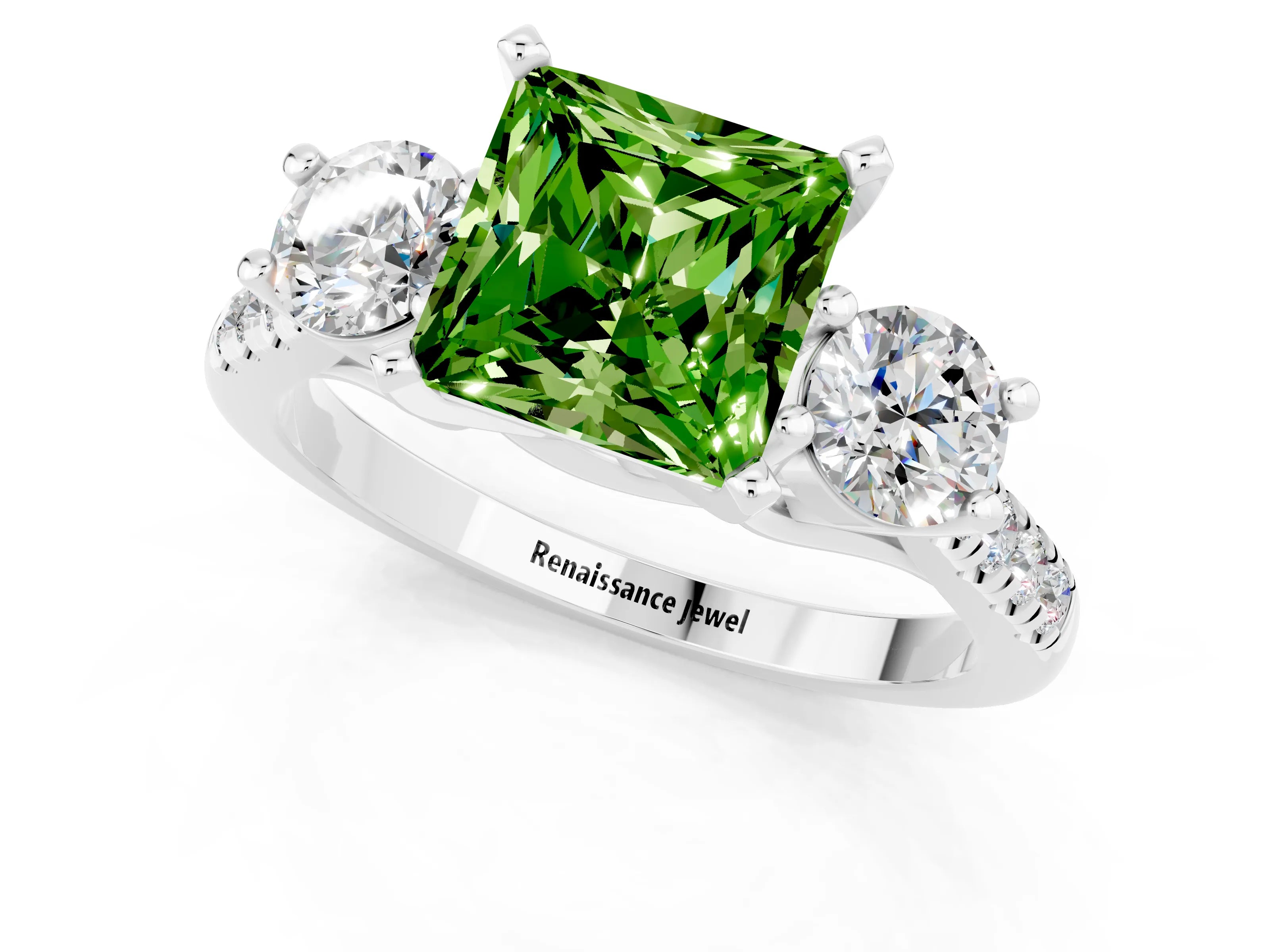 White gold Three-Stone Princess Cut Peridot Pavé Band with Four-Prong Setting_1