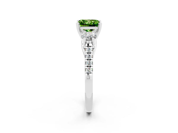 Platinum Three-Stone Princess Cut Peridot Pavé Band with Four-Prong Setting