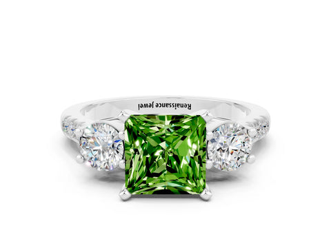 White gold Three-Stone Princess Cut Peridot Pavé Band with Four-Prong Setting