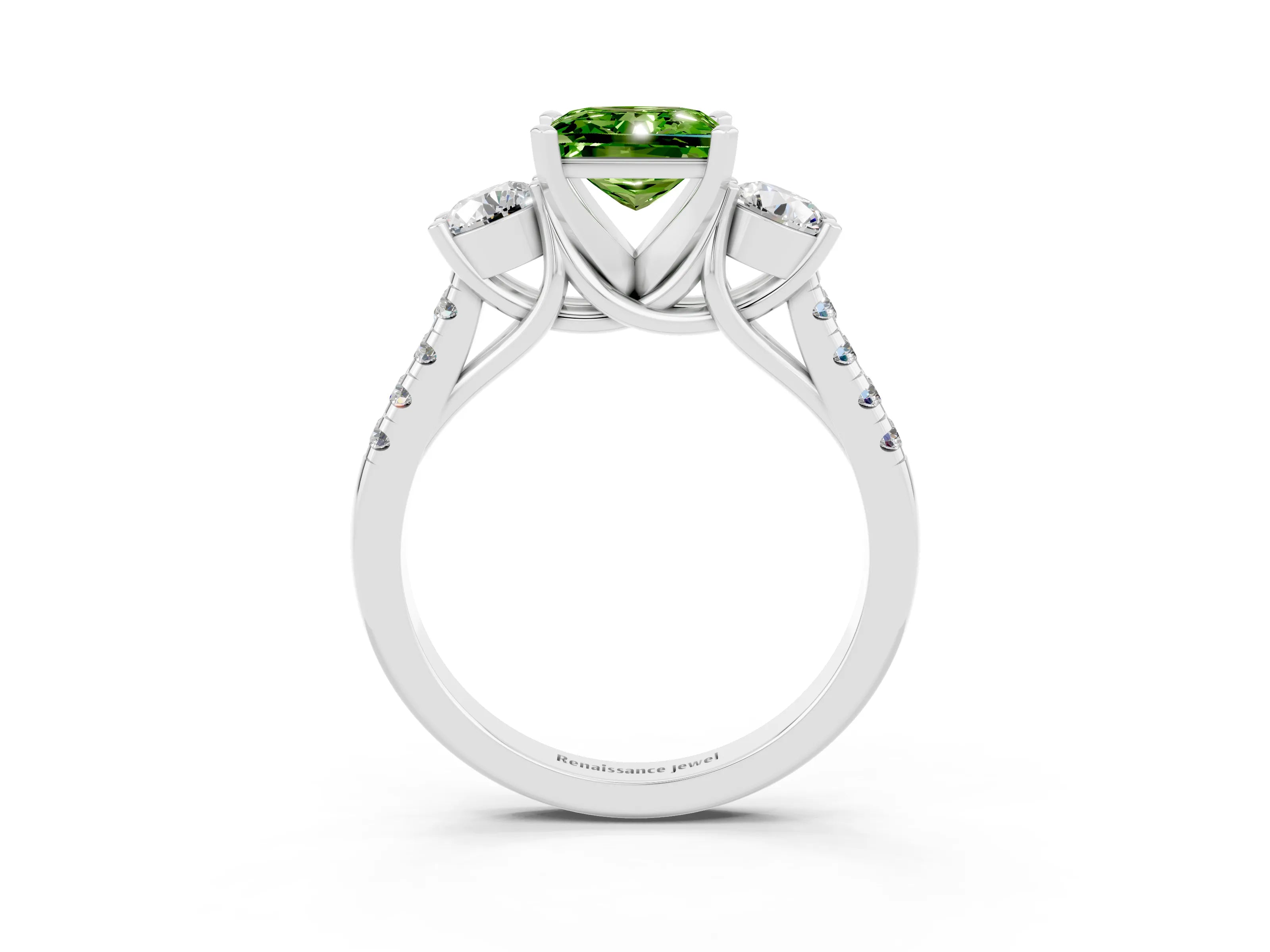 White gold Three-Stone Princess Cut Peridot Pavé Band with Four-Prong Setting_3