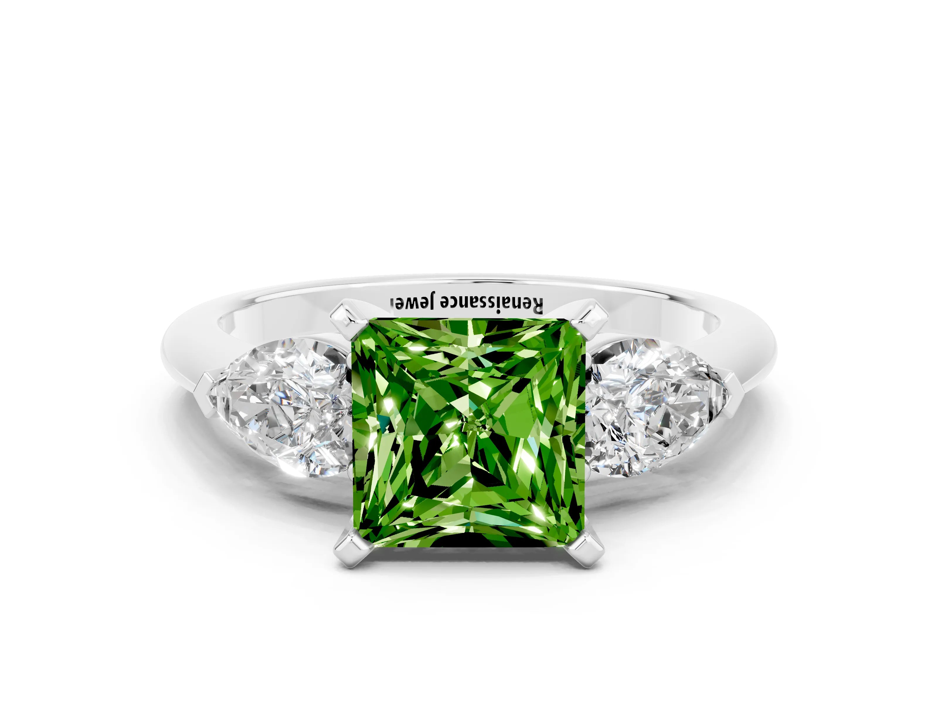 White gold Three-Stone Princess Cut Peridot Ring with Pear Side Stones and Four-Prong Setting