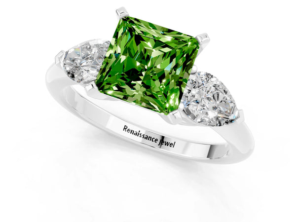 White gold Three-Stone Princess Cut Peridot Ring with Pear Side Stones and Four-Prong Setting