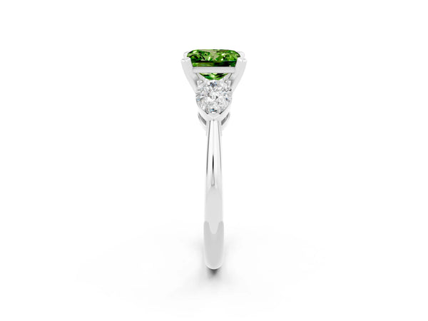 Platinum Three-Stone Princess Cut Peridot Ring with Pear Side Stones and Four-Prong Setting