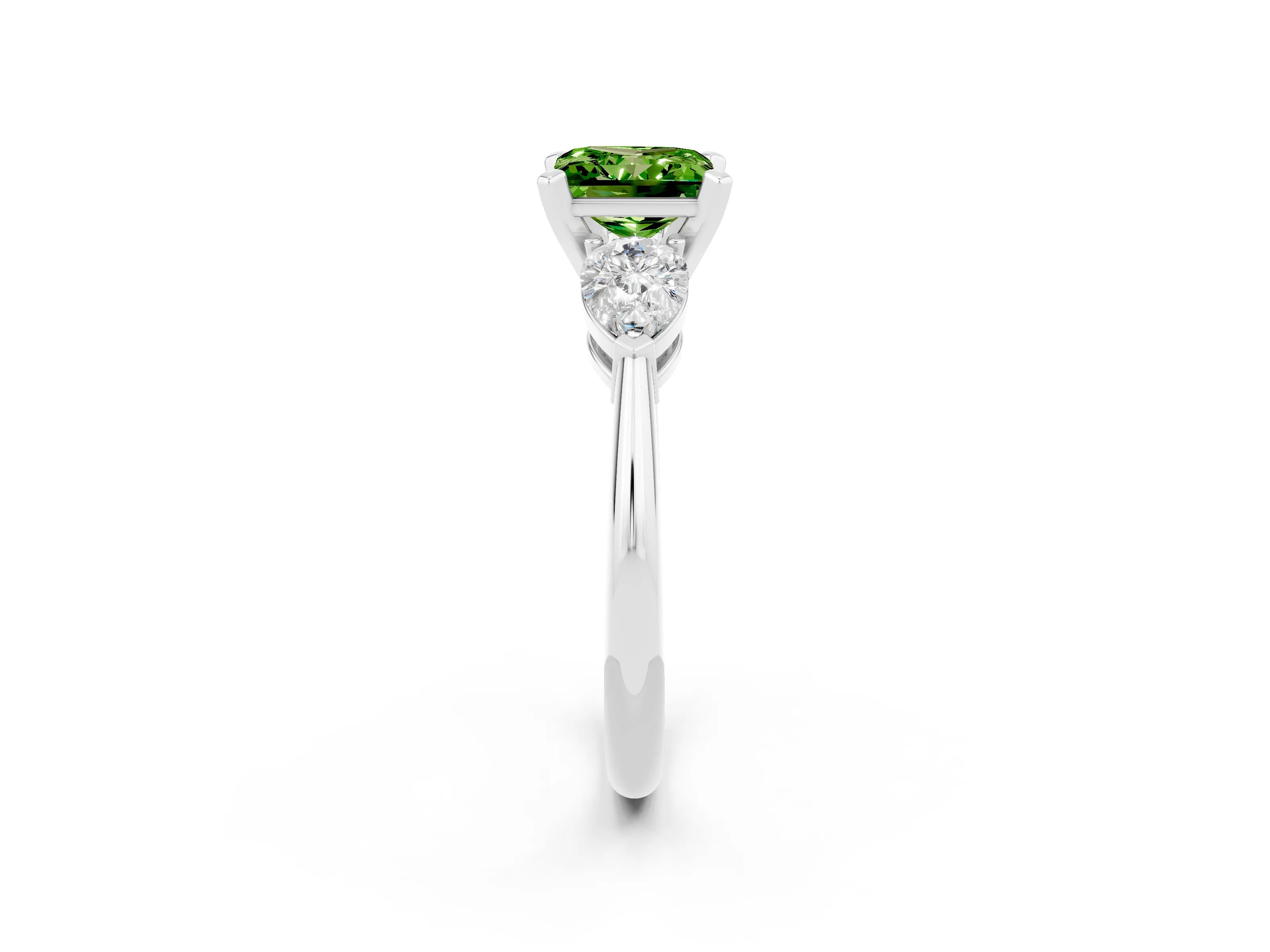 White gold Three-Stone Princess Cut Peridot Ring with Pear Side Stones and Four-Prong Setting_2