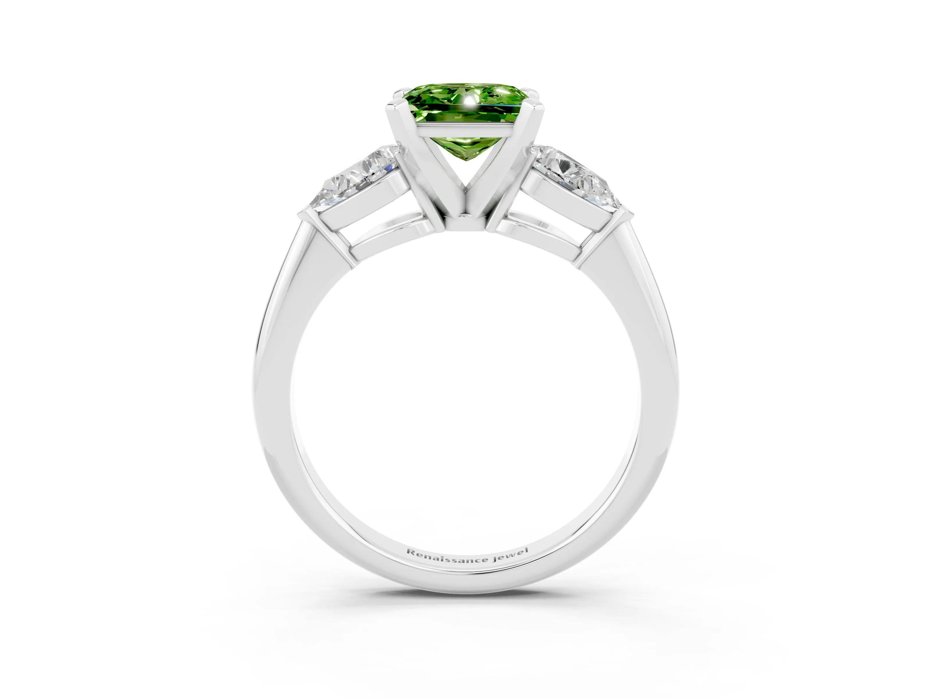 White gold Three-Stone Princess Cut Peridot Ring with Pear Side Stones and Four-Prong Setting_3