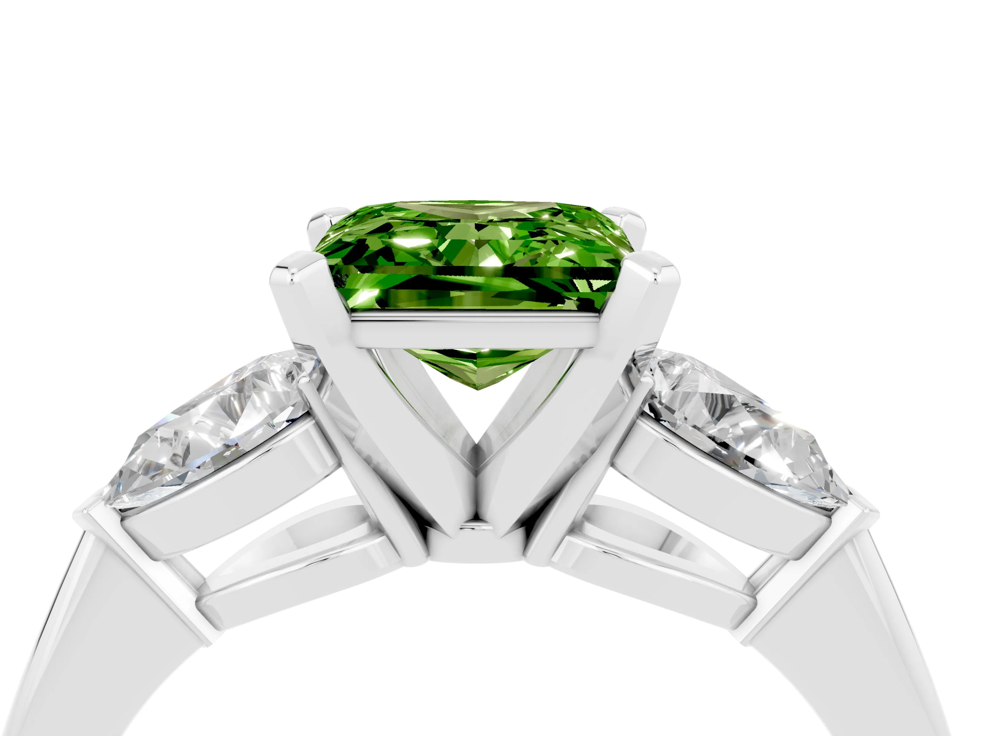 White gold Three-Stone Princess Cut Peridot Ring with Pear Side Stones and Four-Prong Setting_4