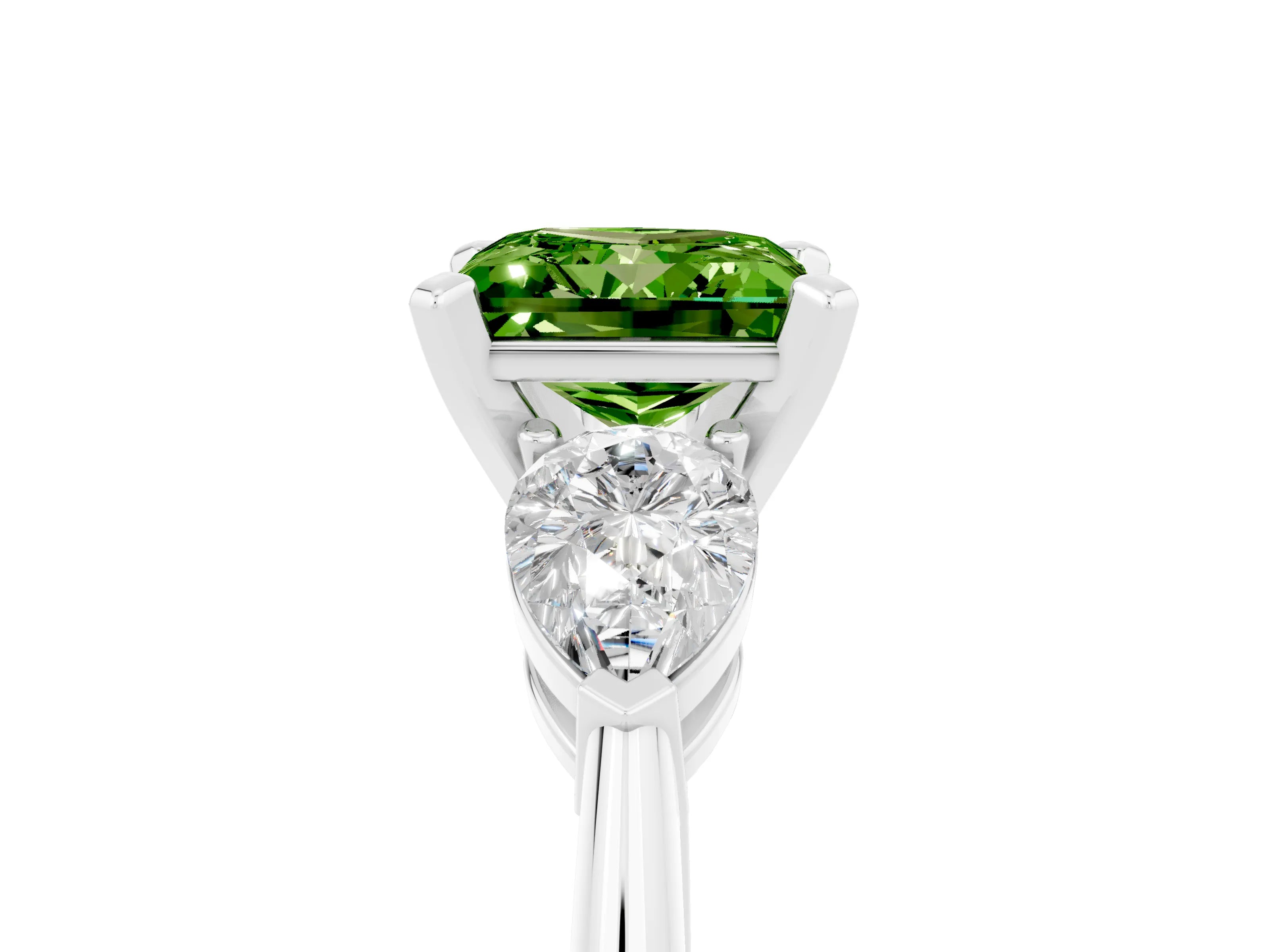 White gold Three-Stone Princess Cut Peridot Ring with Pear Side Stones and Four-Prong Setting_5