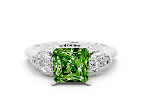 White gold Three-Stone Princess Cut Peridot Ring with Pear Side Stones and Four-Prong Setting