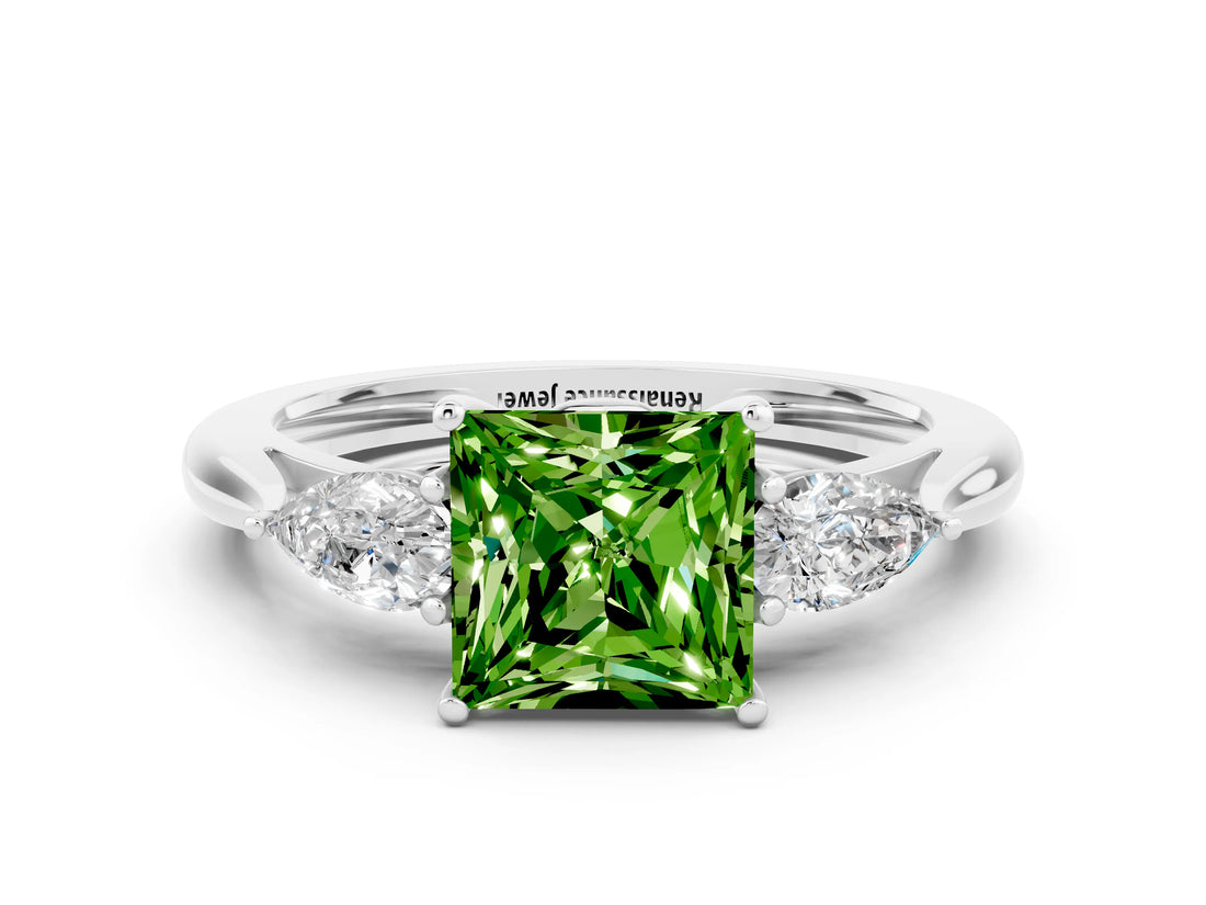 White gold Three-Stone Princess Cut Peridot Ring with Pear  Side Stones in Four-Prong Setting_12