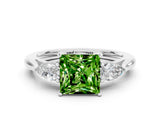 White gold Three-Stone Princess Cut Peridot Ring with Pear  Side Stones in Four-Prong Setting_12
