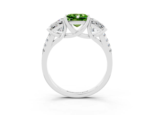 Platinum Three-Stone Princess Cut Peridot Ring with Round  Pavé Band and Prong Setting