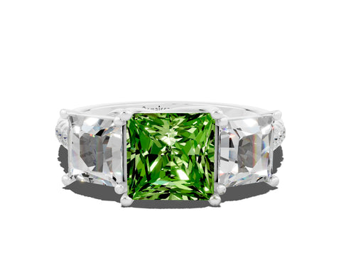 White gold Three-Stone Princess Cut Peridot Ring with Round  Pavé Band and Prong Setting_24