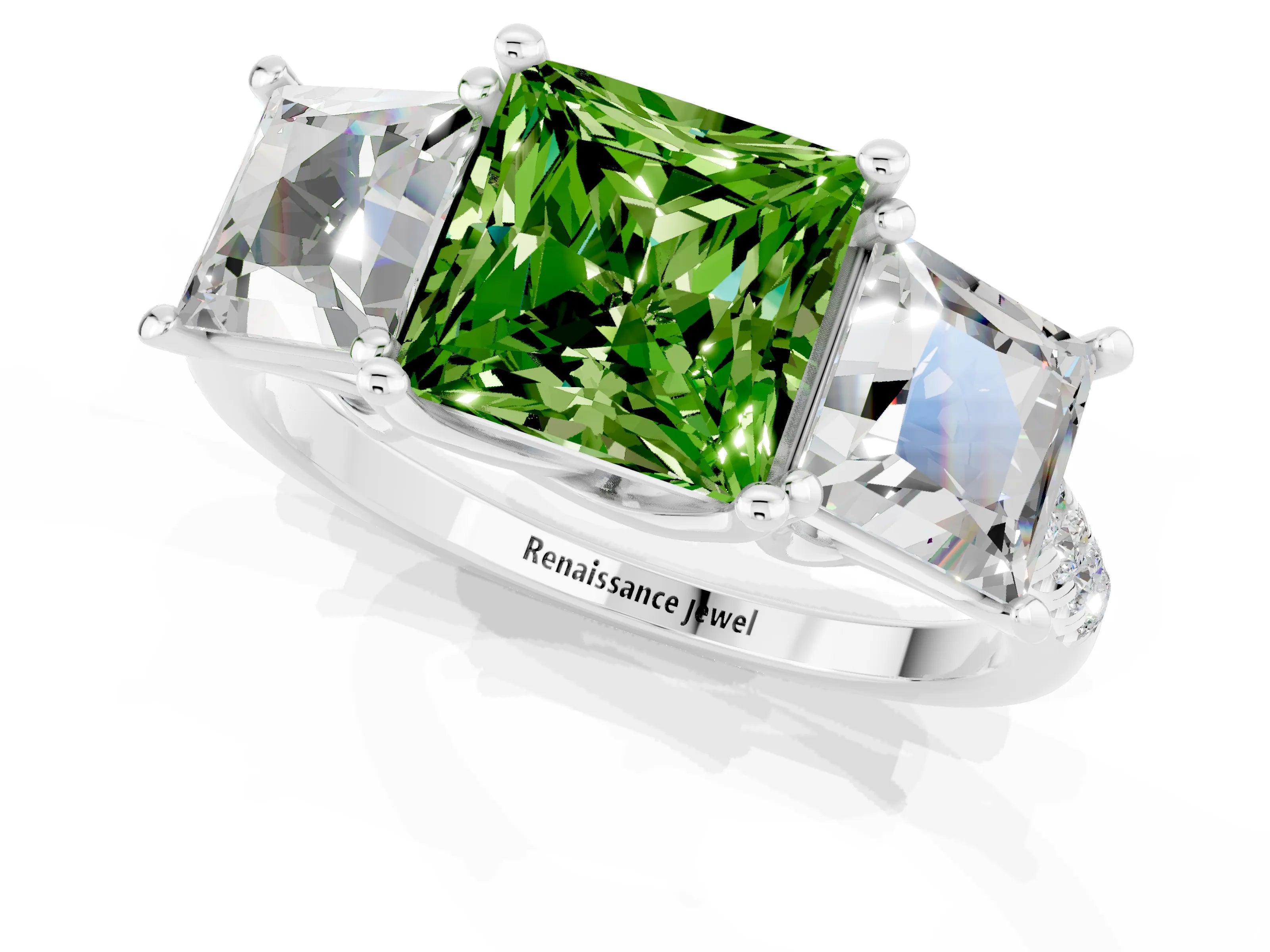 White gold Three-Stone Princess Cut Peridot Ring with Round  Pavé Band and Prong Setting_25