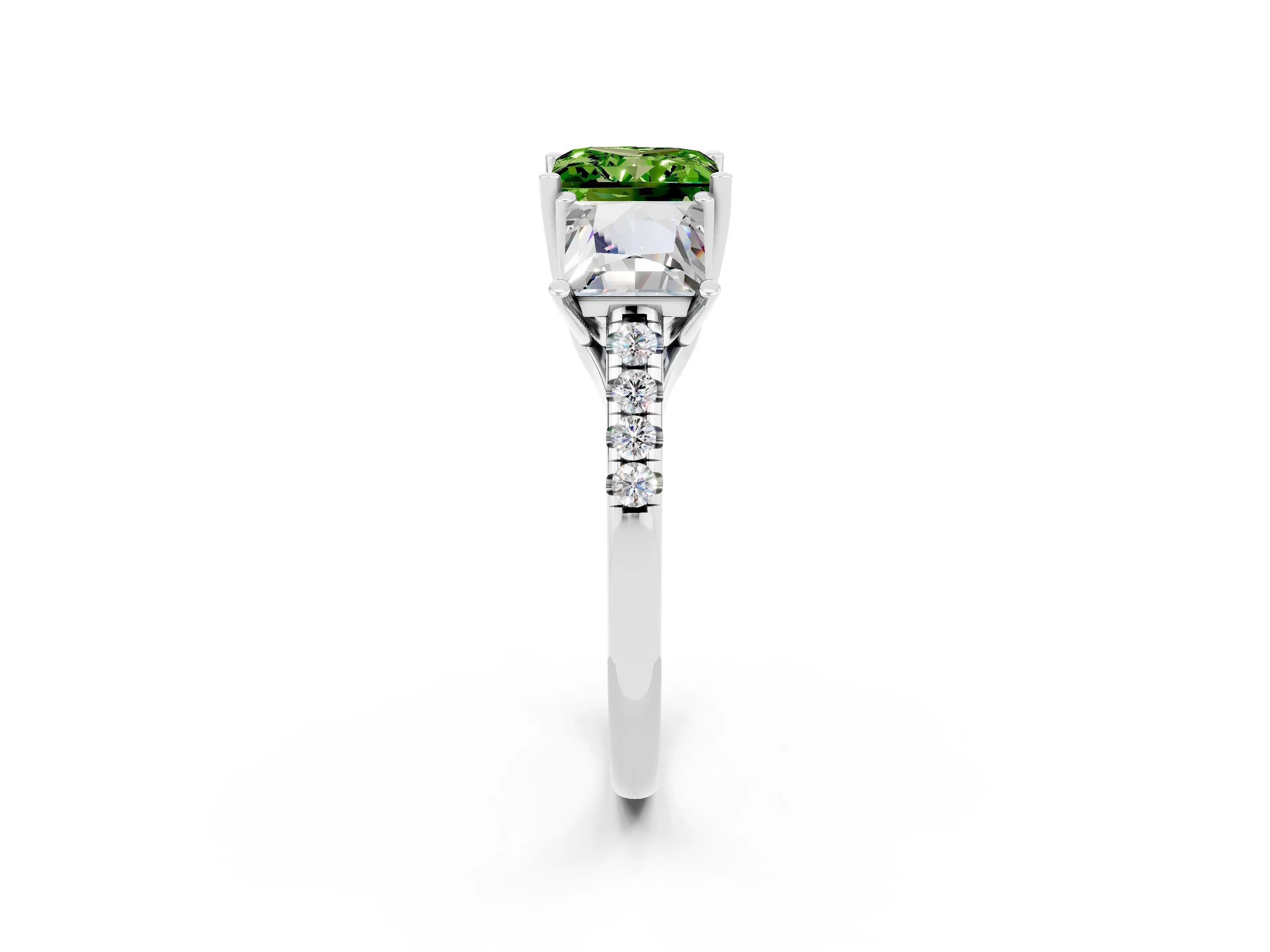 White gold Three-Stone Princess Cut Peridot Ring with Round  Pavé Band and Prong Setting_26