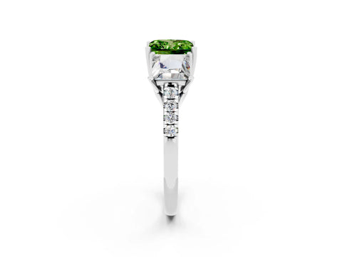 White gold Three-Stone Princess Cut Peridot Ring with Round  Pavé Band and Prong Setting_26