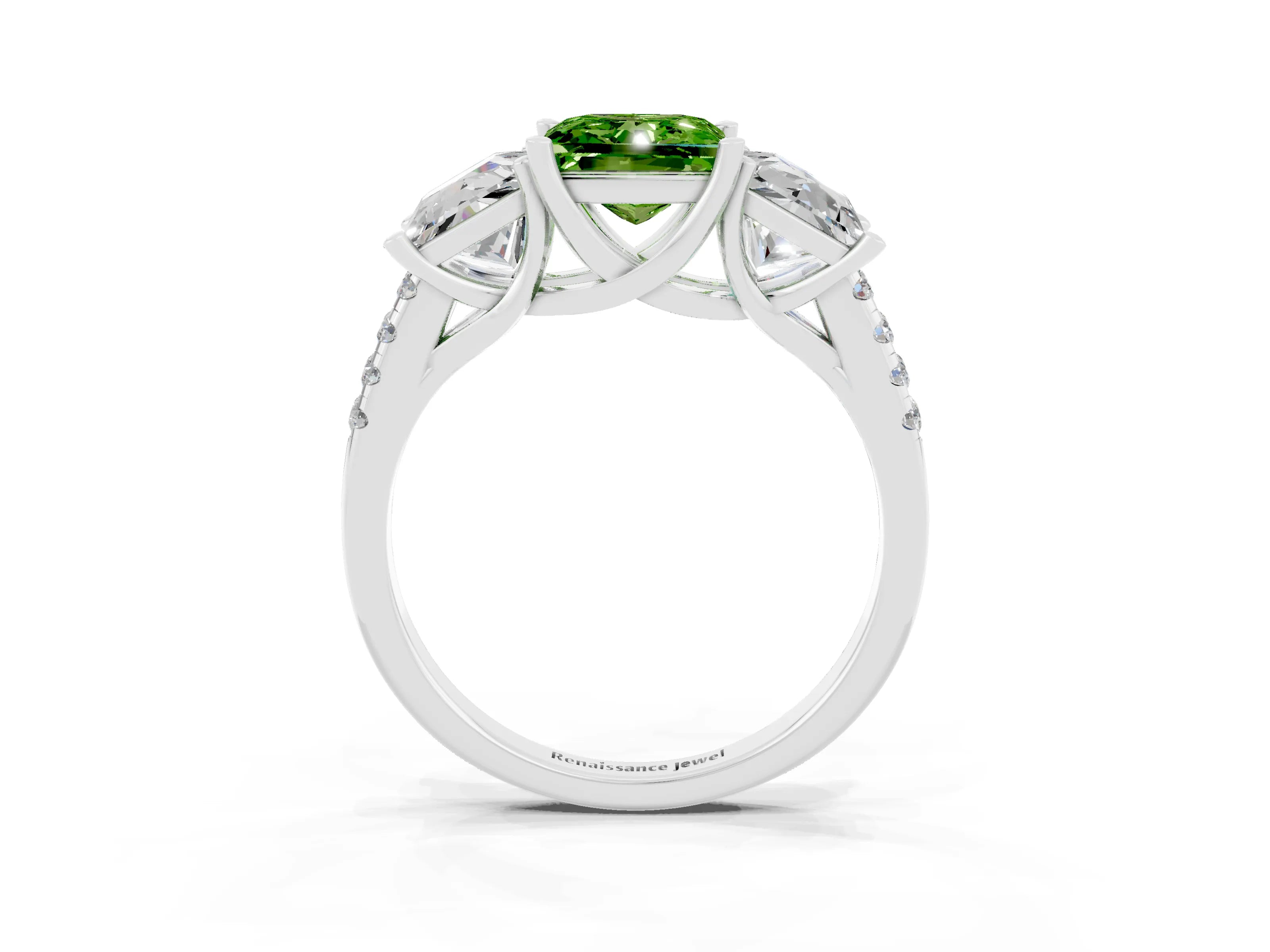 White gold Three-Stone Princess Cut Peridot Ring with Round  Pavé Band and Prong Setting_27