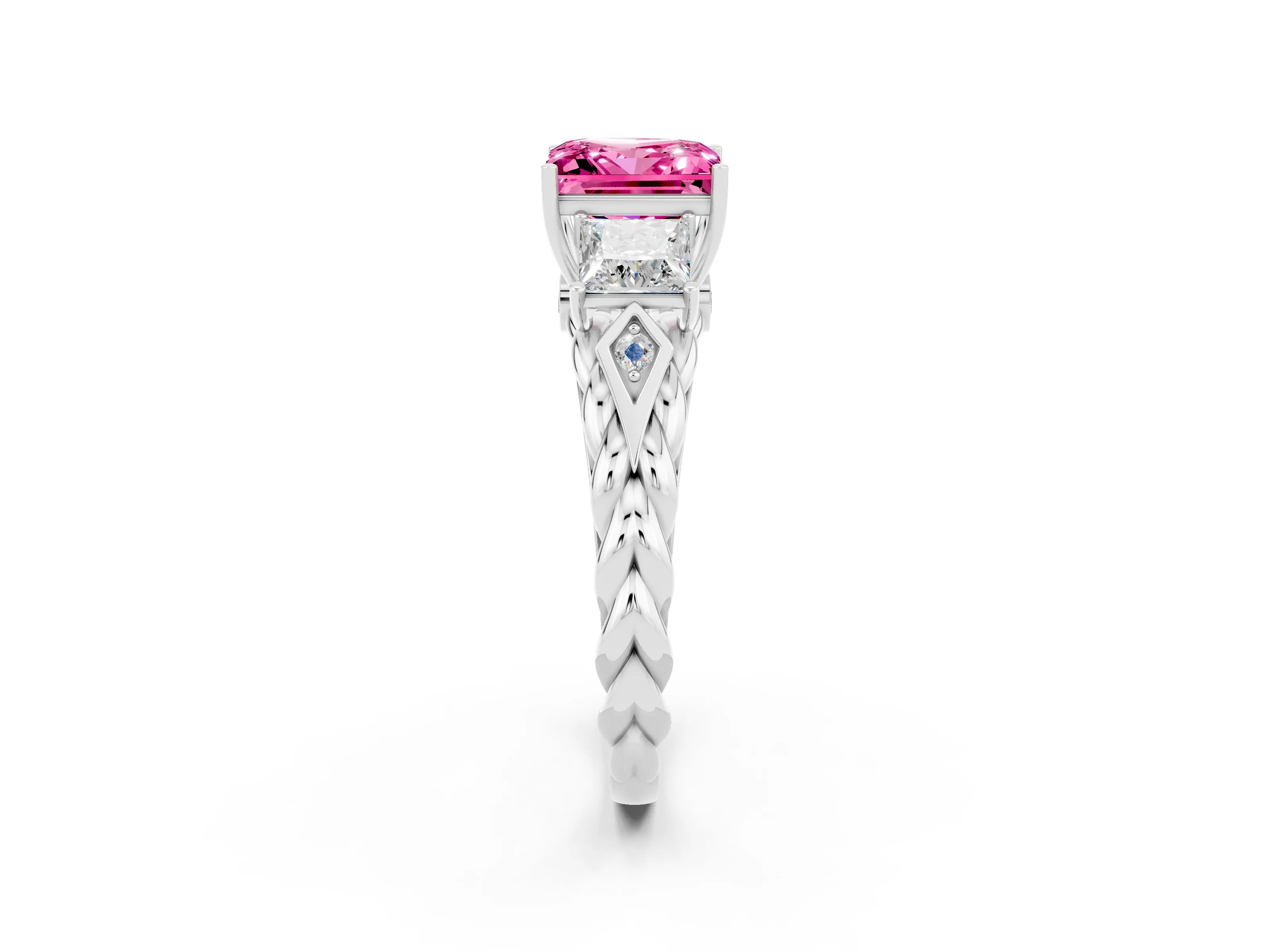 White gold Three-Stone Princess Cut Pink Sapphire Braided Band Ring with Four-Prong Setting_38