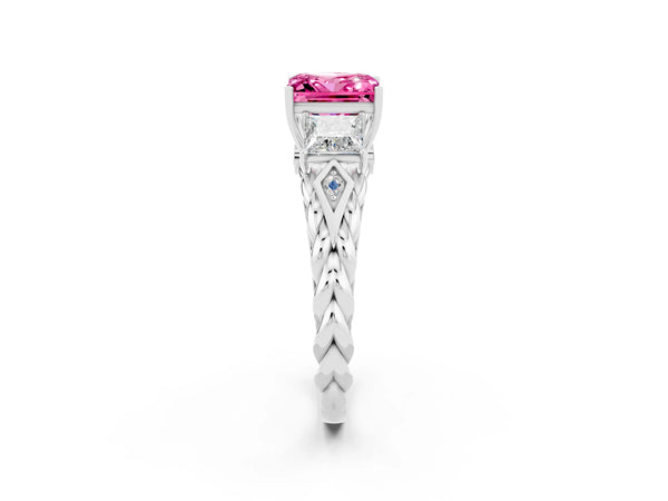 Silver Three-Stone Princess Cut Pink Sapphire Braided Band Ring with Four-Prong Setting