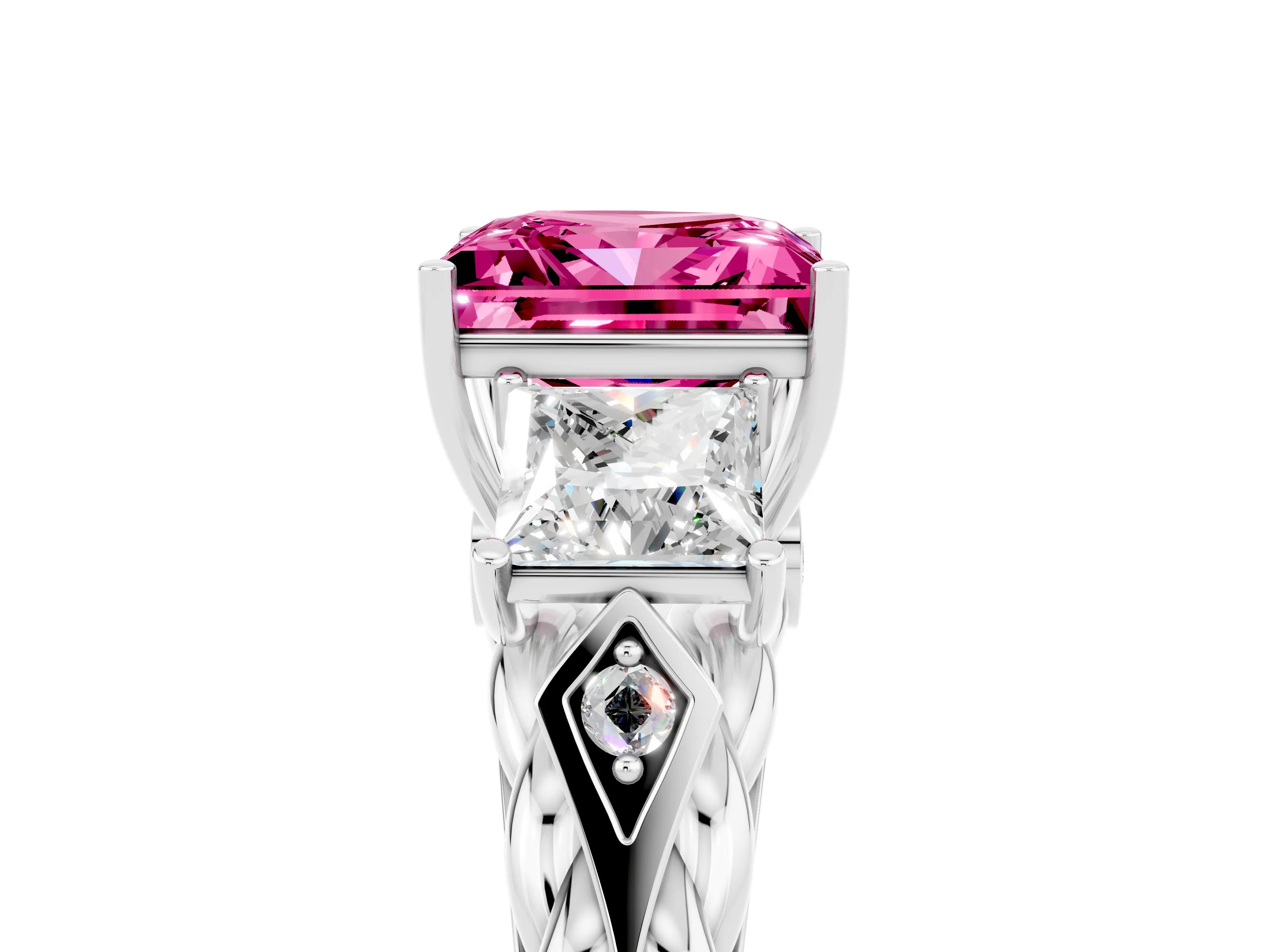 White gold Three-Stone Princess Cut Pink Sapphire Braided Band Ring with Four-Prong Setting_41