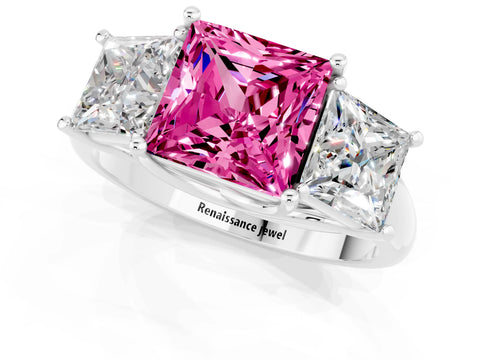 White gold Three-Stone Princess Cut Pink Sapphire Engagement Ring with Prong Setting_1