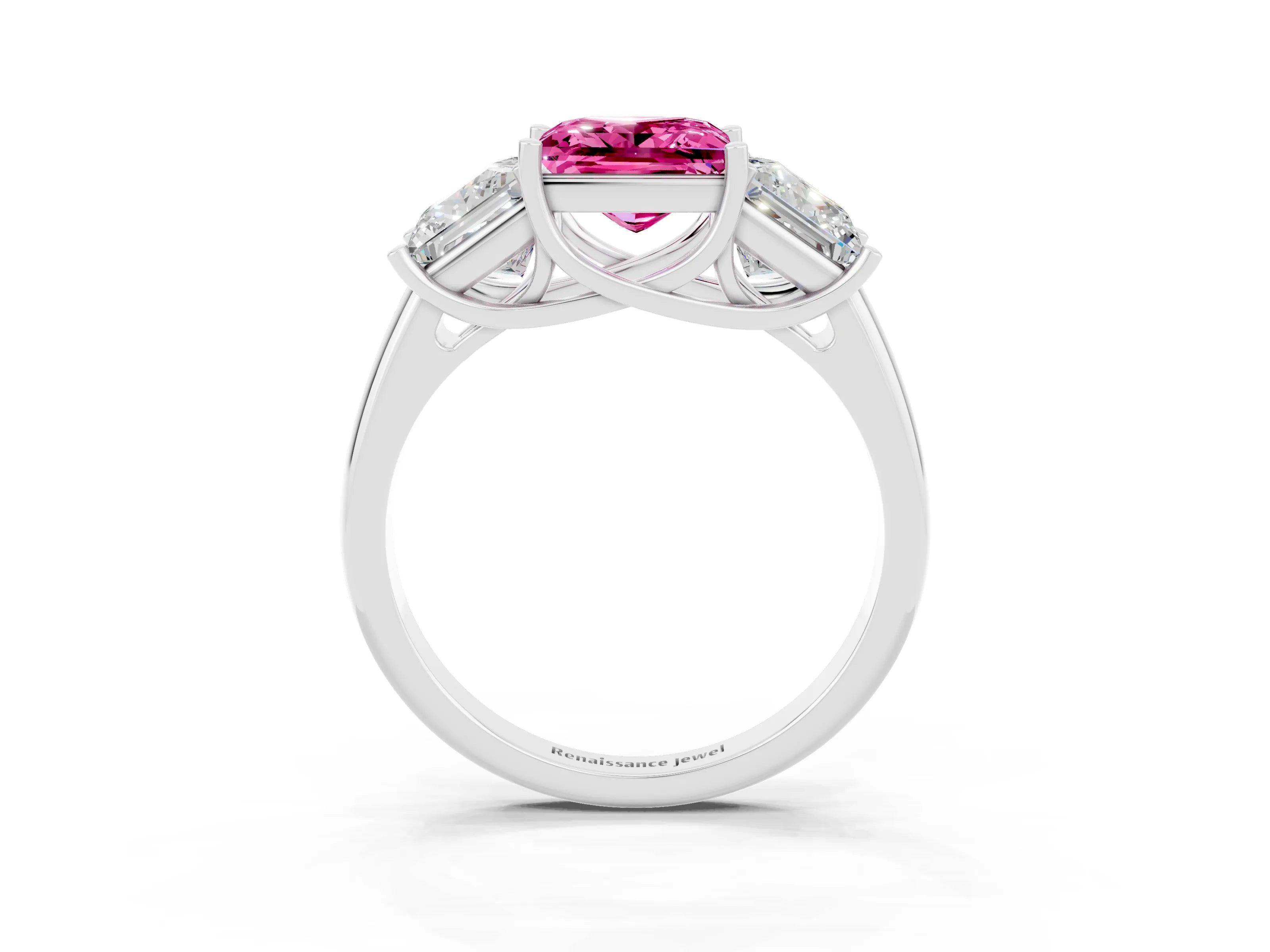 White gold Three-Stone Princess Cut Pink Sapphire Engagement Ring with Prong Setting_3