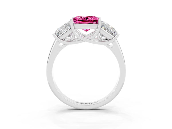 Platinum Three-Stone Princess Cut Pink Sapphire Engagement Ring with Prong Setting
