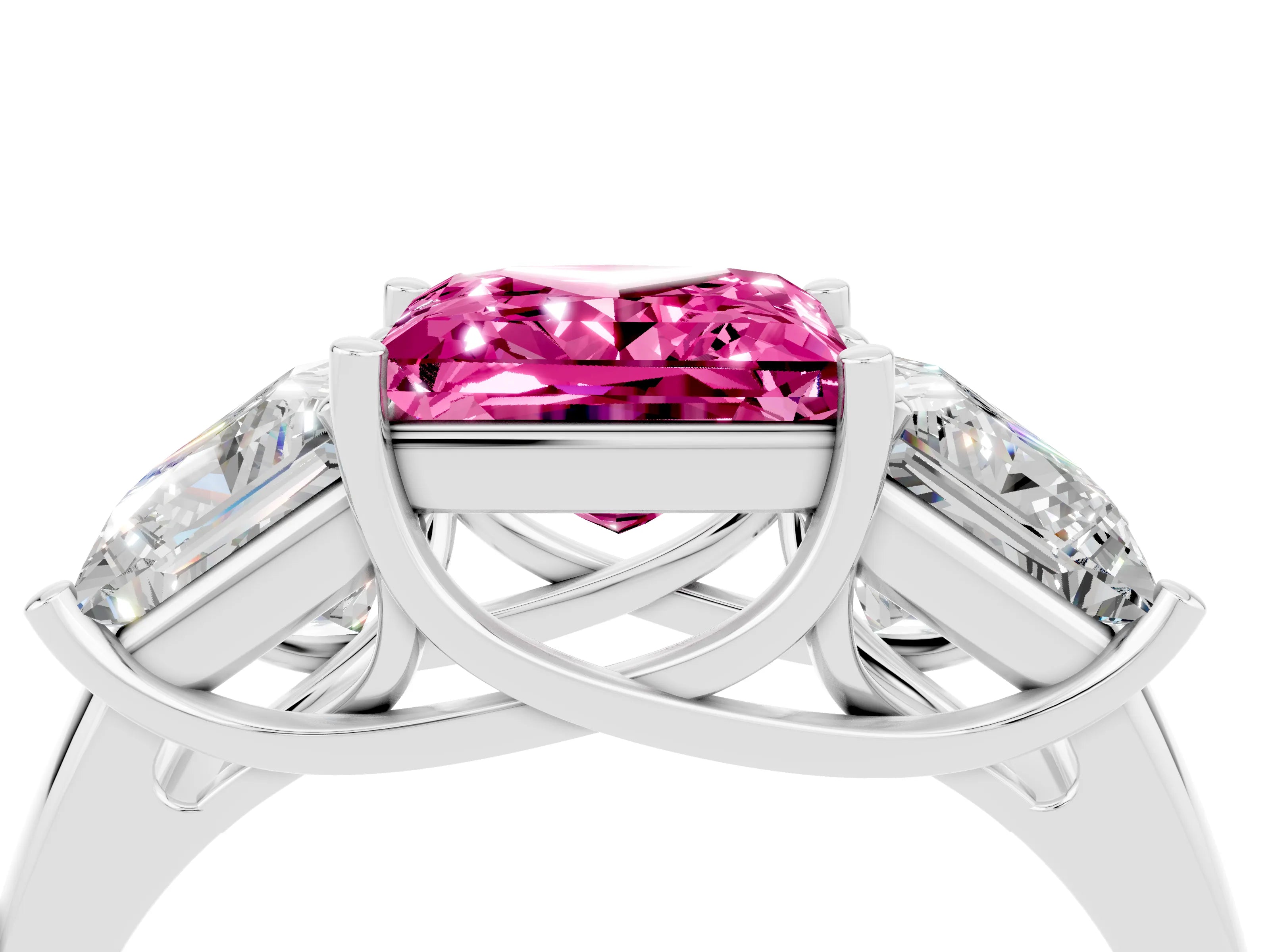 White gold Three-Stone Princess Cut Pink Sapphire Engagement Ring with Prong Setting_4