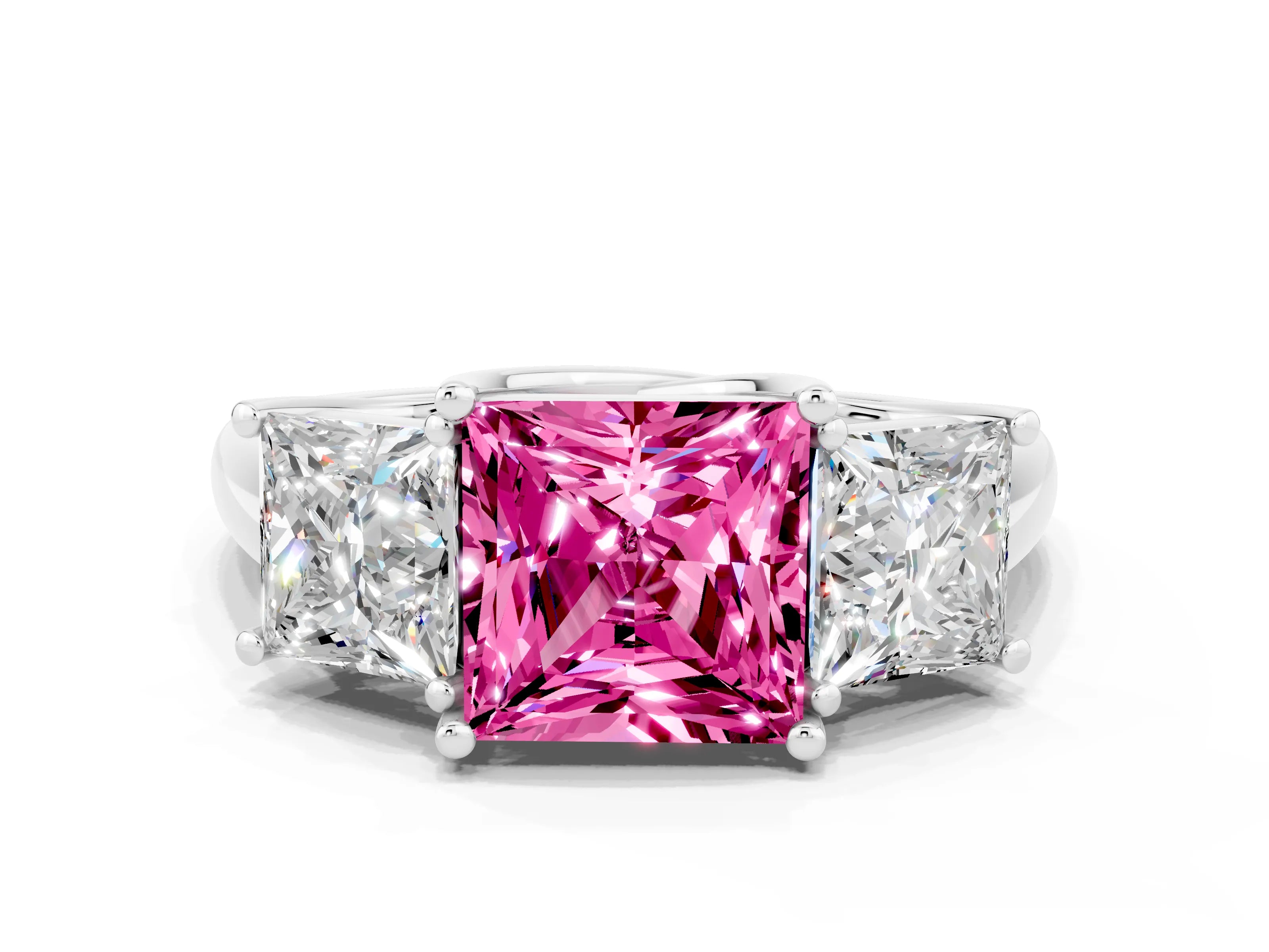 White gold Three-Stone Princess Cut Pink Sapphire Engagement Ring with Prong Setting