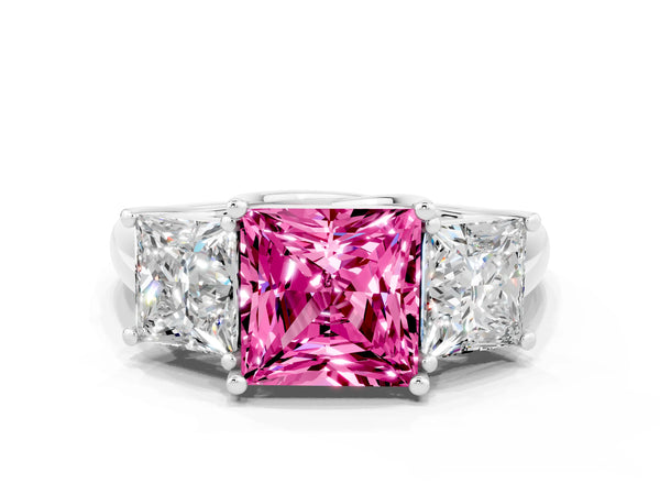 Silver Three-Stone Princess Cut Pink Sapphire Engagement Ring with Prong Setting