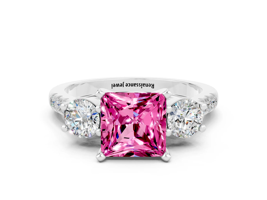 White gold Three-Stone Princess Cut Pink Sapphire Pavé Band with Four-Prong Setting_24