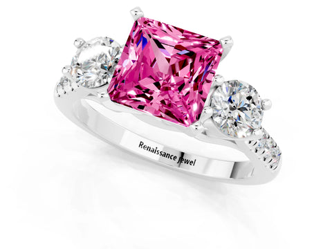 White gold Three-Stone Princess Cut Pink Sapphire Pavé Band with Four-Prong Setting_25