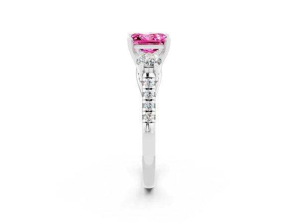 Platinum Three-Stone Princess Cut Pink Sapphire Pavé Band with Four-Prong Setting
