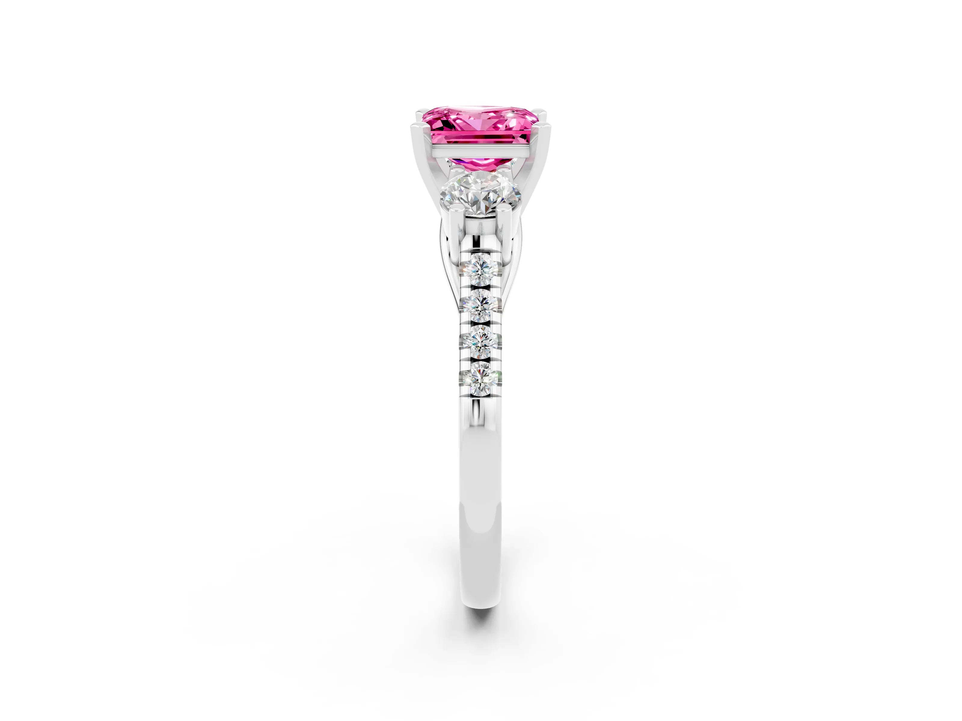 White gold Three-Stone Princess Cut Pink Sapphire Pavé Band with Four-Prong Setting_26