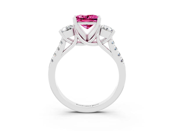 Platinum Three-Stone Princess Cut Pink Sapphire Pavé Band with Four-Prong Setting