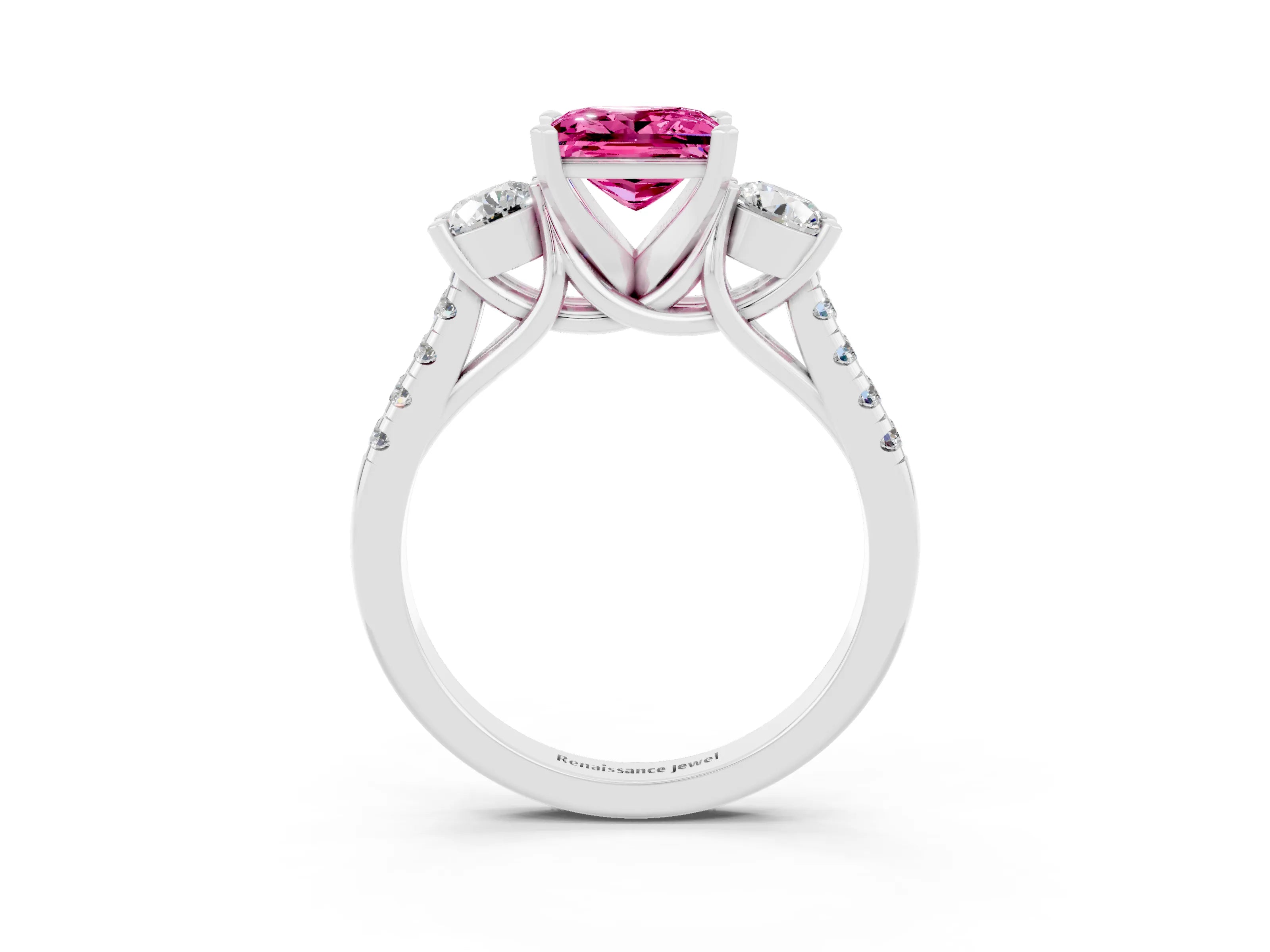 White gold Three-Stone Princess Cut Pink Sapphire Pavé Band with Four-Prong Setting_27