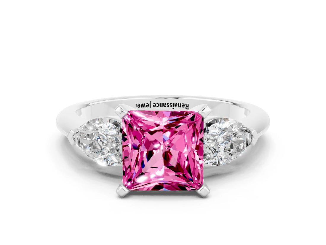 White gold Three-Stone Princess Cut Pink Sapphire Ring with Pear Side Stones and Four-Prong Setting_24