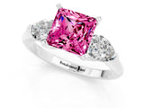 White gold Three-Stone Princess Cut Pink Sapphire Ring with Pear Side Stones and Four-Prong Setting_25