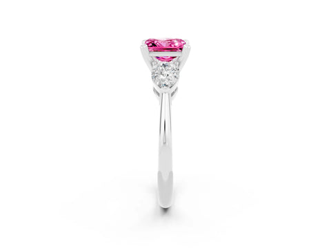 White gold Three-Stone Princess Cut Pink Sapphire Ring with Pear Side Stones and Four-Prong Setting_26