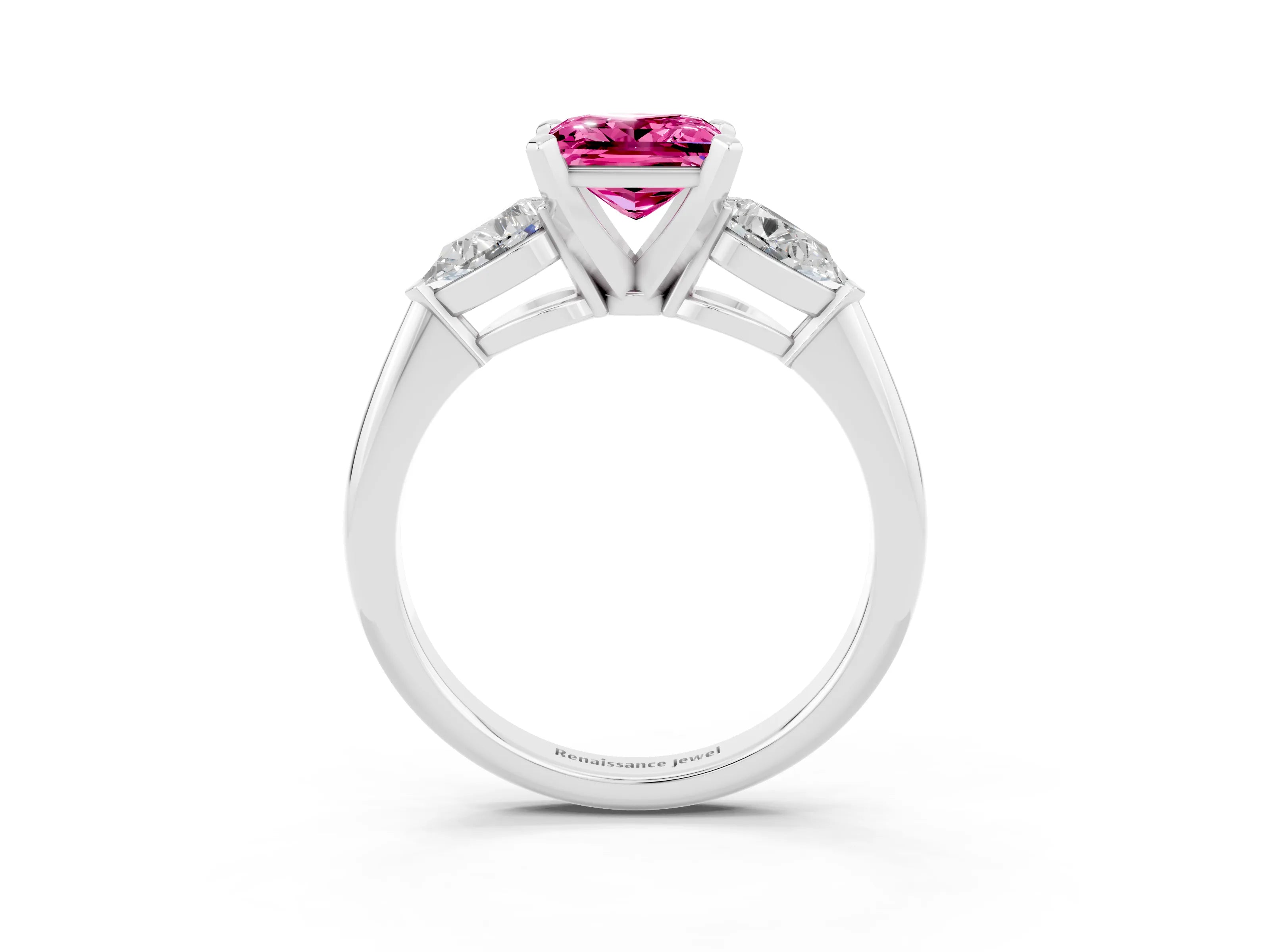 White gold Three-Stone Princess Cut Pink Sapphire Ring with Pear Side Stones and Four-Prong Setting_27