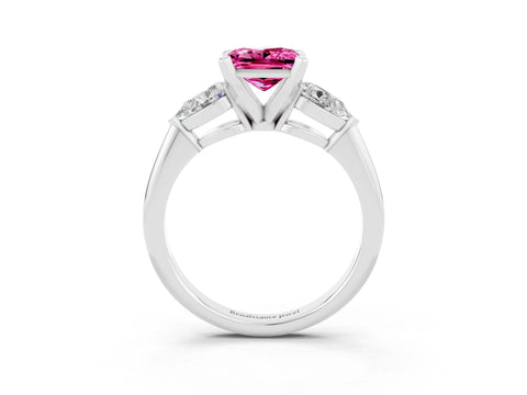 White gold Three-Stone Princess Cut Pink Sapphire Ring with Pear Side Stones and Four-Prong Setting_27