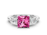 White gold Three-Stone Princess Cut Pink Sapphire Ring with Pear  Side Stones in Four-Prong Setting_12