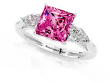 White gold Three-Stone Princess Cut Pink Sapphire Ring with Pear  Side Stones in Four-Prong Setting_13