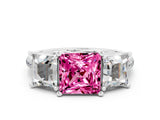 White gold Three-Stone Princess Cut Pink Sapphire Ring with Round  Pavé Band and Prong Setting_12