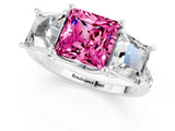 White gold Three-Stone Princess Cut Pink Sapphire Ring with Round  Pavé Band and Prong Setting_13