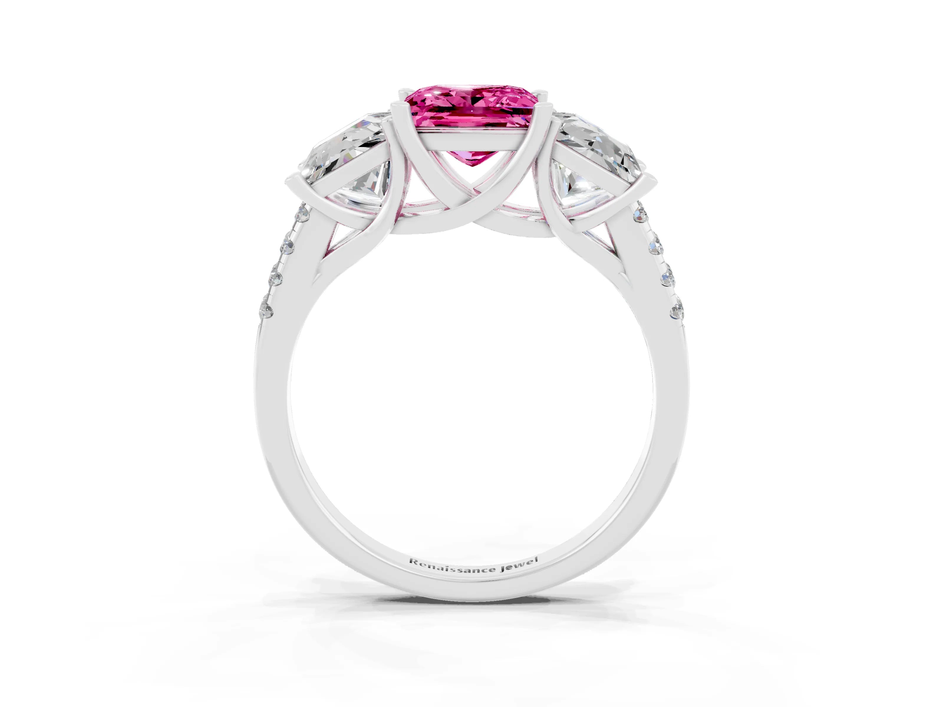 White gold Three-Stone Princess Cut Pink Sapphire Ring with Round  Pavé Band and Prong Setting_69